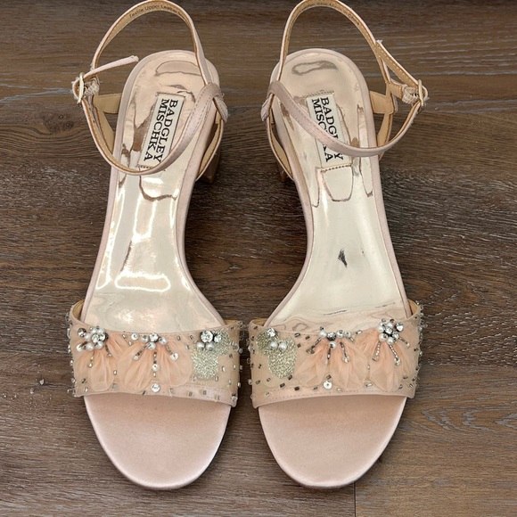 Badgley Mischka Karissa Block Heel Size 8 Blush Satin Beaded Fairycore Briidal - Picture 1 of 13